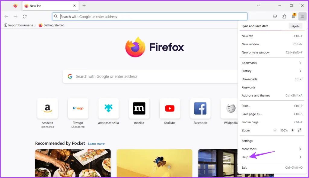 Opción de ayuda en Firefox